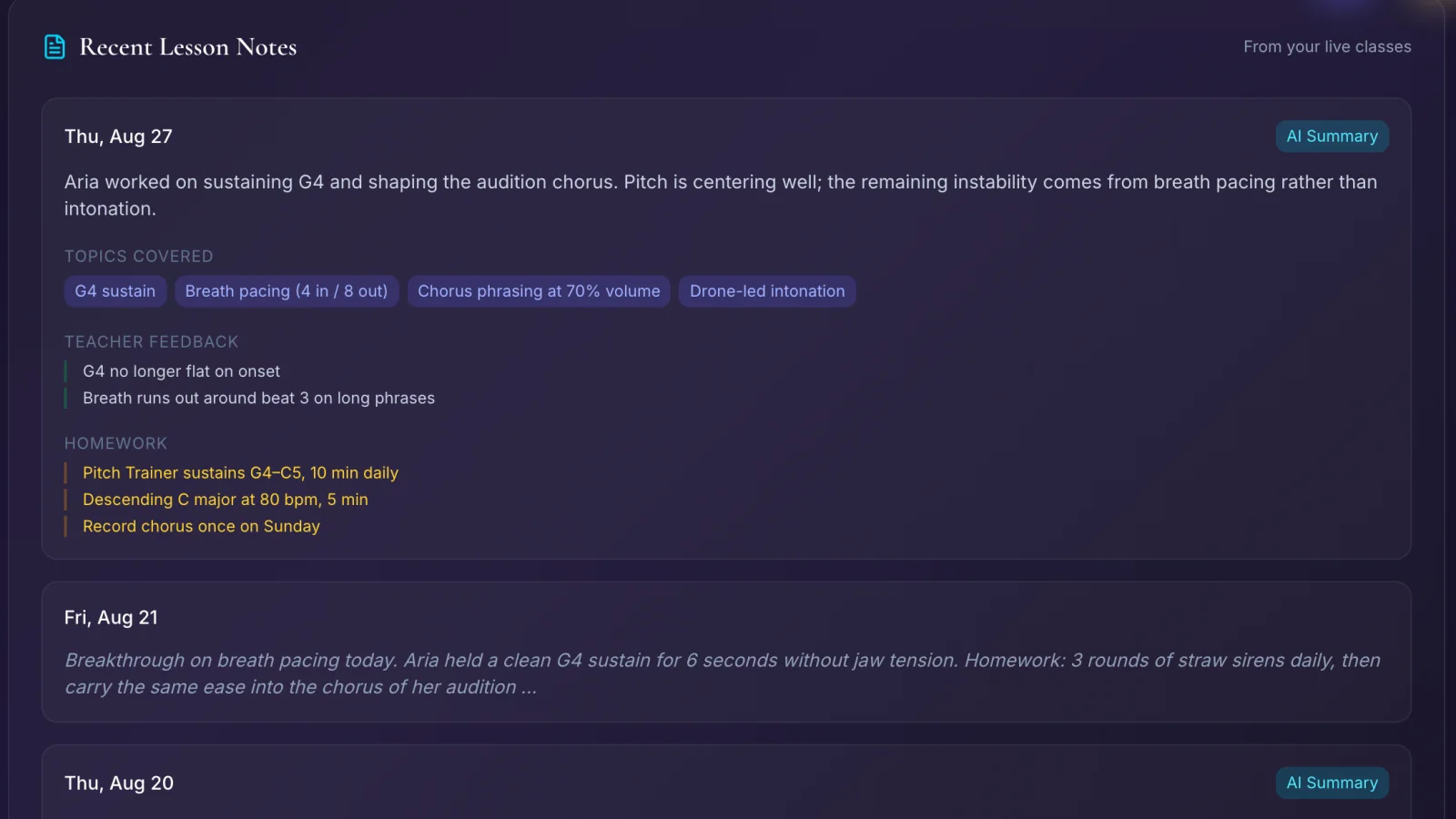 Recent Lesson Notes with AI summary, topics covered, teacher feedback and homework