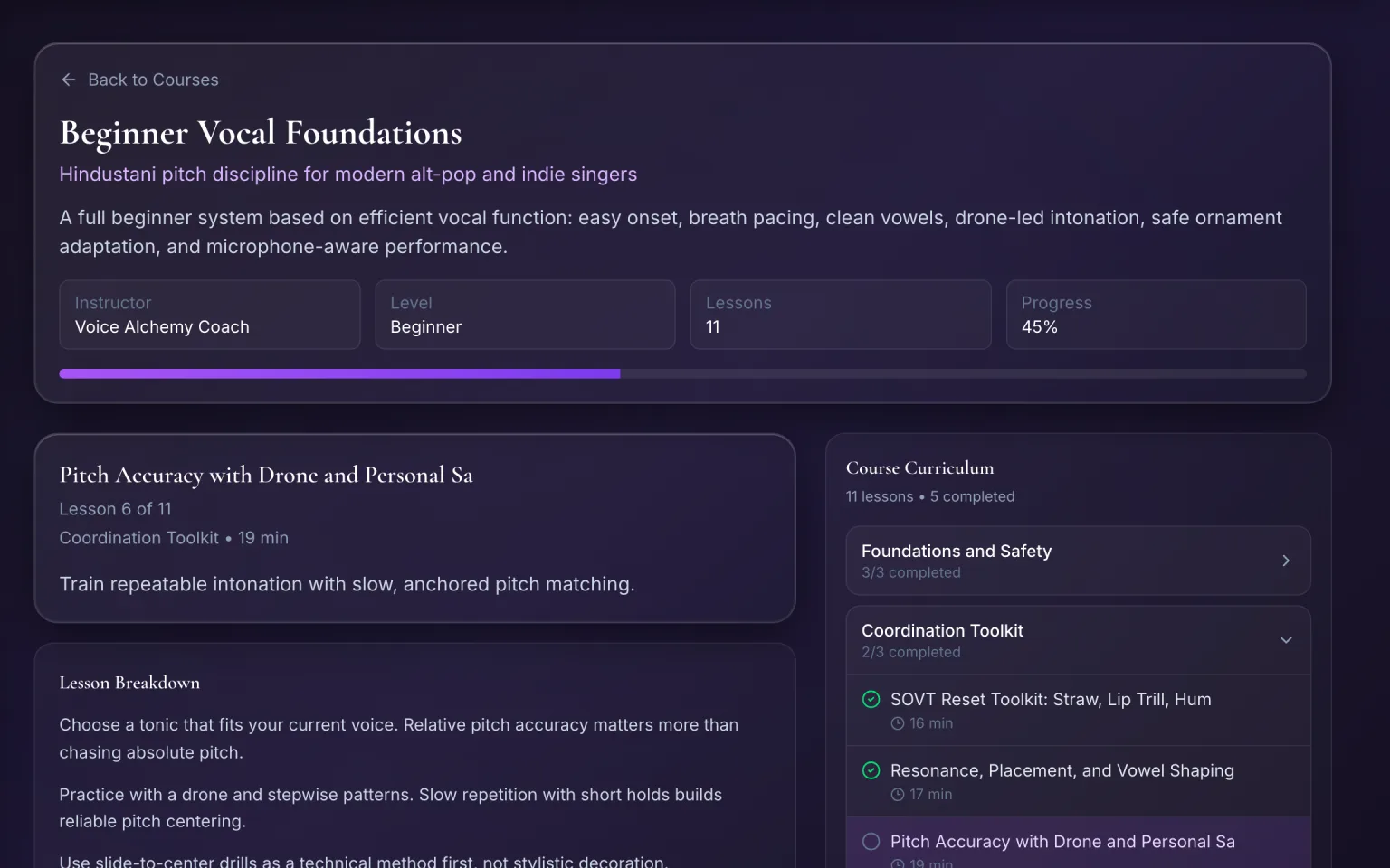 Course player showing Beginner Vocal Foundations at 45% progress with the curriculum sidebar